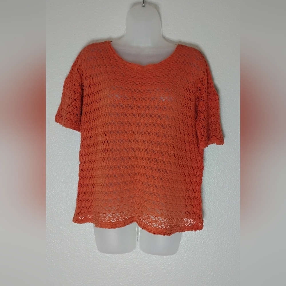 Vibrant Vintage Orange Short Sleeve Crochet Top